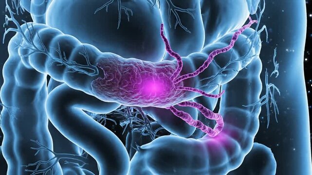 Visualization of colon cancer in the human body, highlighting affected areas and anatomical