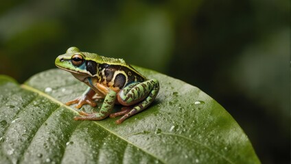 Obraz premium A vibrant frog with intricate patterns sits on a wet, green leaf, blending with the rainforest