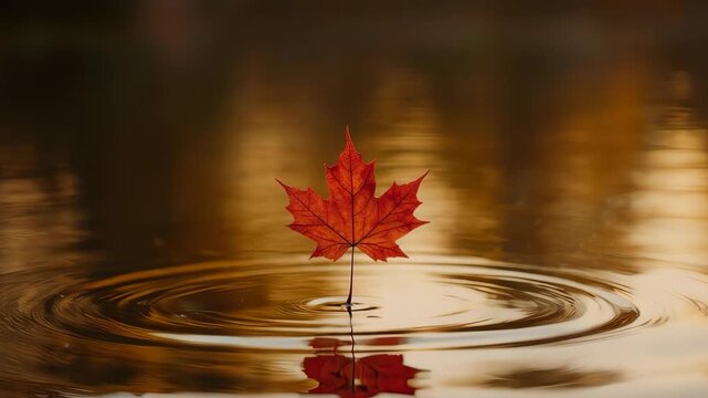  red maple leaf falling on reflective water at golden hour
