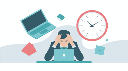 A stressed businessman sitting at his desk with a laptop and surrounded by floating office supplies and a clock