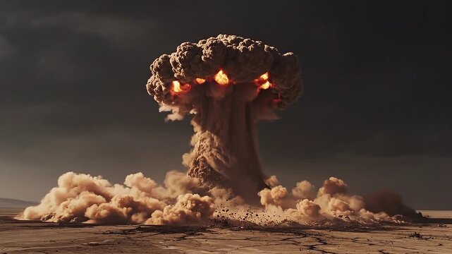 Realistic atomic bomb blast with rising mushroom cloud in barren wasteland