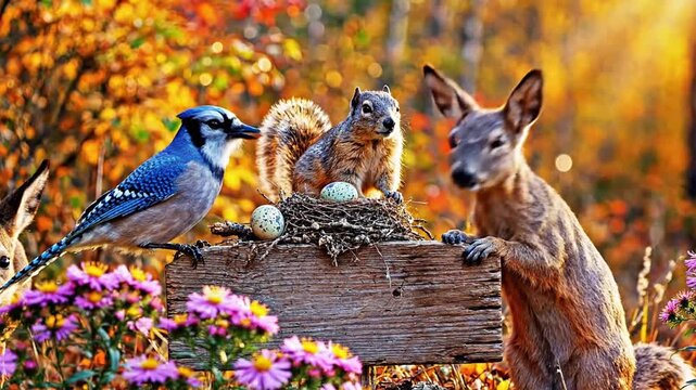 Captivating Autumn Scene: A Deer, Squirrel, and Blue Jay Share a Moment of Forest Harmony