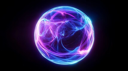 Obraz premium Vibrant energy sphere with blue and magenta plasma waves for high tech power source and future innovation and quantum portal visualization