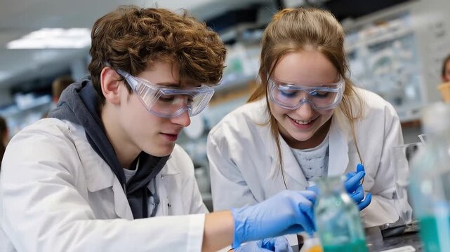 Chemistry students collaborate on hands-on experiment in laboratory setting fostering teamwork and learning