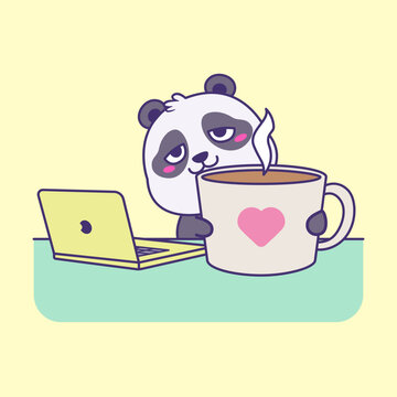Cute Panda Cartoon Exhausted From Work, Sleepless, And Drinking Coffee to Stay Awake