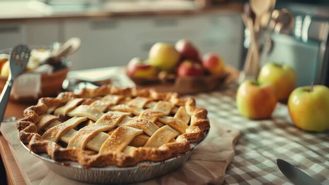 Freshly baked apple pie on a kitchen counter, with blurred fruits and kitchenware in the background.