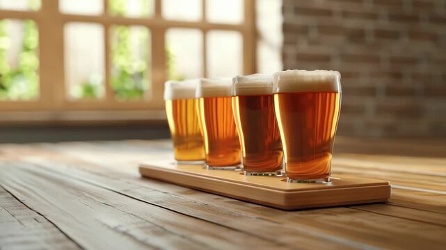 Row of full beer glasses with frothy heads on a wooden table near sunlit windows.