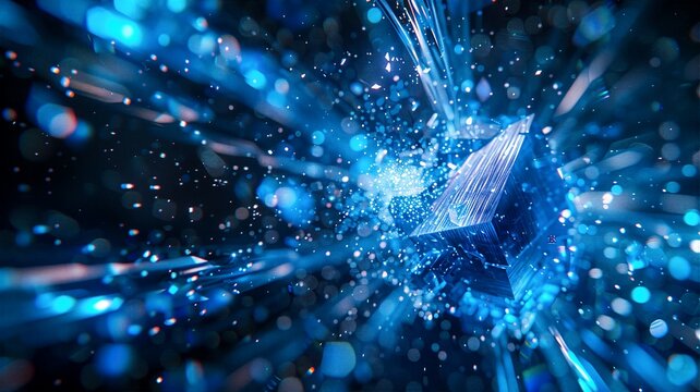 Digital blue box dissolving into glowing particles and light bokeh for artificial intelligence processing and ai algorithm visualization