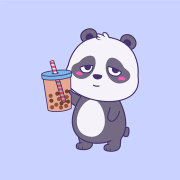 Cute Tired Panda Drinking Bubble Tea Mascot Illustration for Beverage Brand