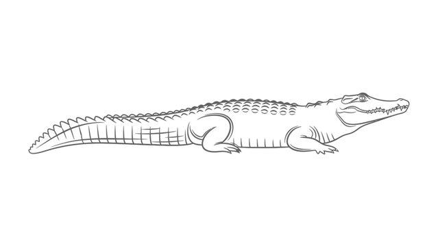 Alligator outline drawing: Alligator line art on a white backdrop, ideal for illustrations, graphic design tasks, coloring books, and educational content.