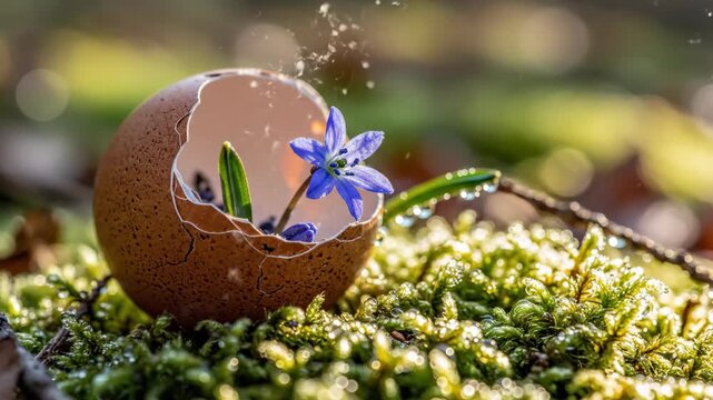 Cracked eggshell with blue flower emerging on mossy ground. Sequence shows bloom breaking through shell in spring renewal. Nature growth and new life concept in natural setting.