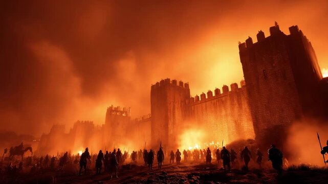 A group of soldiers and horses engages in a battle near an ancient fortress with an orange sky and smoke filling the atmosphere