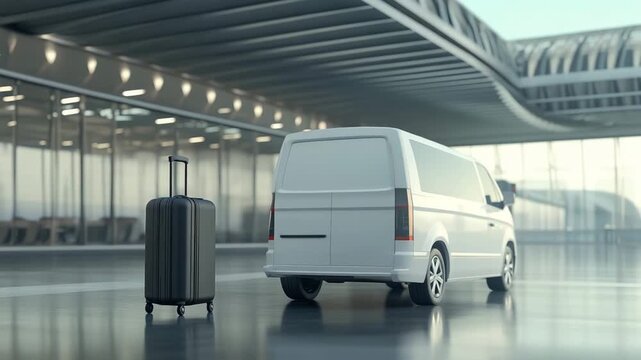 A travel van stands at an airport terminal with a suitcase beside it awaiting pickup by passengers