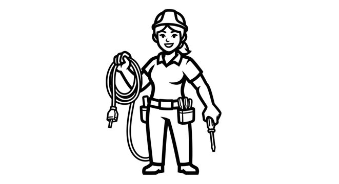 Female Electrician Holding Cable and Tool.