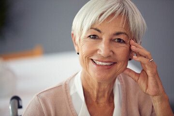 Happy, house and portrait of senior woman in nursing home for calm, rest and wellness in...