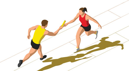 Isometric relay race baton exchange, male and female runners passing baton on track, athletics teamwork competition vector illustration