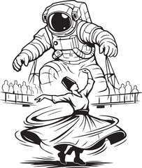 Obraz premium Vector outline of art installation dancer spinning under giant astronaut sculpture, flowing skirt motion blur. ​