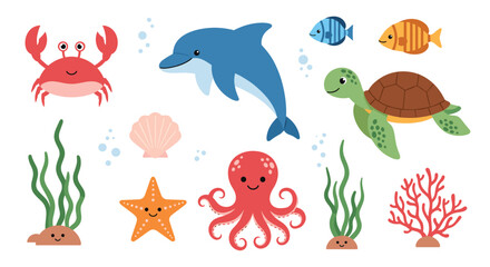 Naklejka premium Cute underwater world illustration featuring a dolphin, crab, sea turtle, octopus, starfish, fish, and marine plants.