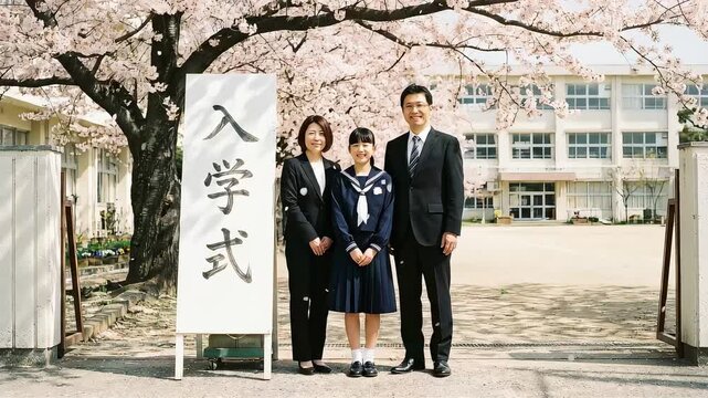 小学校の正門前で「入学式」の看板と並ぶ家族
