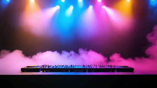 A DJ setup is shown with colorful lights and fog in an indoor venue during nighttime