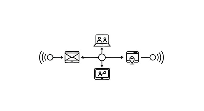 Network connection diagram with devices and wireless signals.