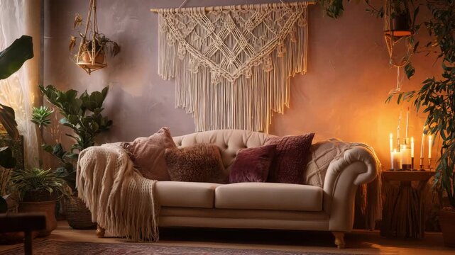 A sofa is placed against a wall adorned with macrame in a room with boho style interior, surrounded by plants and softly lit by candles