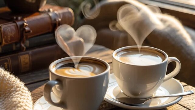 Two steaming coffee cups on a wooden table by a sunny window with books