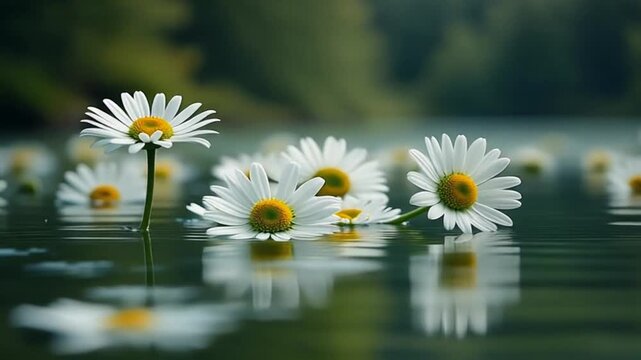 White daisies floating on serene lake water with lush greenery in the background