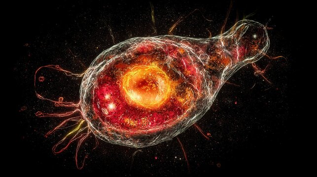A single, glowing primordial cell dividing rapidly in a dark aquatic environment with vibrant energy trails.