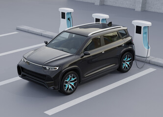 Obraz premium Black Electric SUV charging at charging station. Original design. 3D illustration.