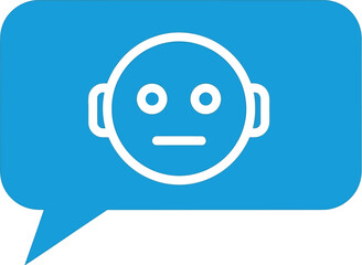 Fototapeta premium Simple white line art icon depicting a neutral or expressionless robot face inside a bright blue speech bubble shape.
