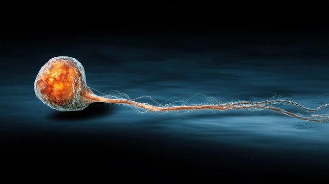 A single, glowing primordial cell dividing rapidly in a dark aquatic environment with vibrant energy trails.