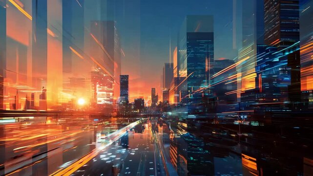 Dynamic view of city skyline at sunset with bright colors and reflections on glass during evening hours