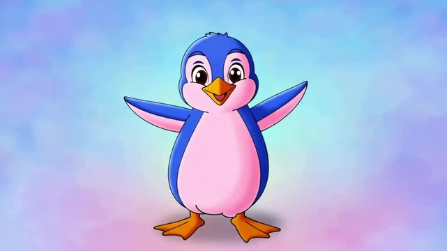 Cartoon penguin standing against pastel blue pink background