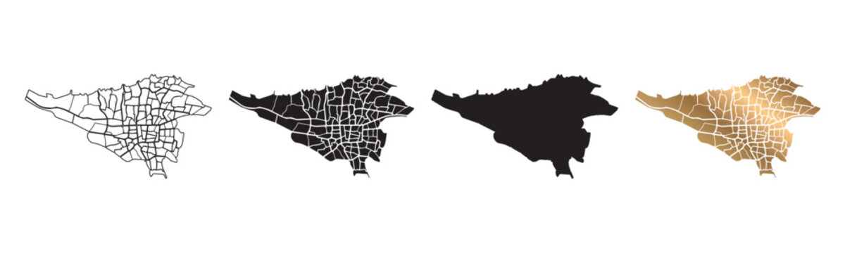 Maps of Tehran province in Iran, in various formats, with black and gold borders.