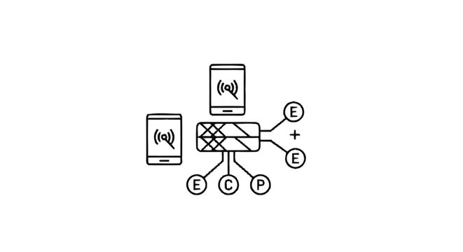 Network connectivity diagram with devices and symbols.