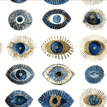 isolated clipart image of watercolor geometric vertical stripes blue gold green foil handpainted evil eye repetitive rays pattern linocut vector