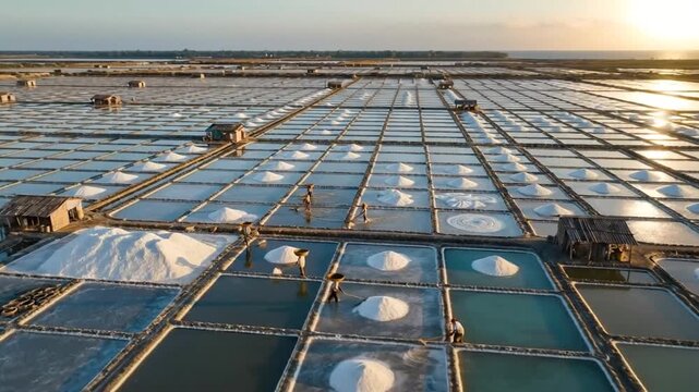 Aerial View of Salt Farm in Sri Lanka During Sunrise - Sea Salt Evaporation Process