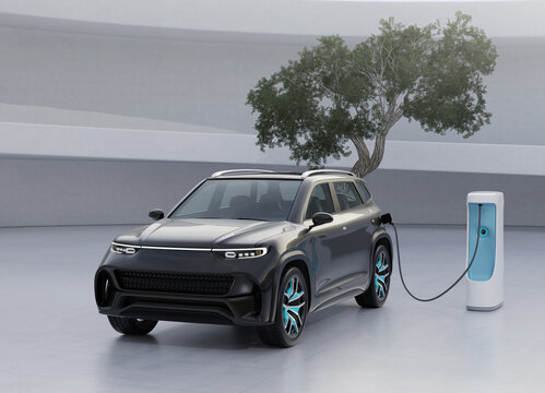 Black Electric SUV charging at charging station. Original design. 3D illustration.