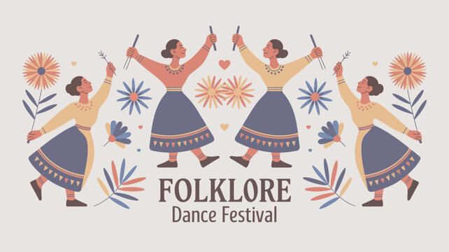A vibrant illustration of women dancing at a folklore dance festival with colorful flowers and leaves