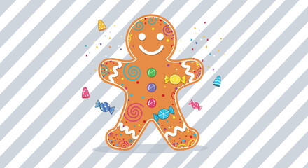 Naklejka premium Smiling gingerbread man cookie decorated with colorful swirls and candies on a grey and white striped background.