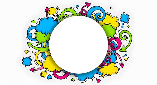 Vibrant colorful swirling shapes and question marks frame