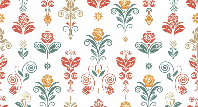 Seamless decorative pattern featuring intricate damask leaves and classic baroque styling