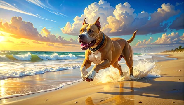 A muscular canine joyfully bounds along a sandy shore, ocean waves crashing under a vibrant sunset with puffy clouds