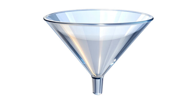 Transparent glass laboratory funnel with wide top, tapering to a narrow spout