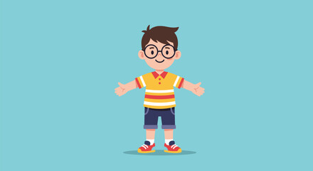 Fototapeta premium Friendly young boy wearing round glasses and a striped yellow shirt standing with his arms open on a blue background.