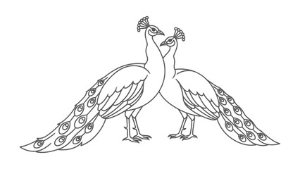 Graceful Peacock Duo in intricate Line Art:  two elegant peacocks pose, their bodies and majestic tail feathers meticulously rendered in an artistic line-drawing.