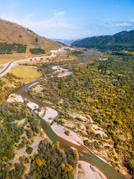 Aerial View of Beautiful Autumn Scenery in Karkara, Kyrgyzstan