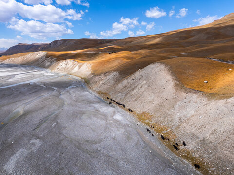 Aerial view of Sary Jaz River Valley with Glaciated Tien Shan Peaks in Autumn, Kyrgyzstan