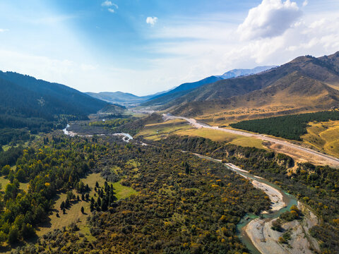 Aerial View of Beautiful Autumn Scenery in Karkara, Kyrgyzstan
